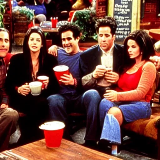 Image similar to photo of the seinfeld cast sitting in the central perk coffee shop from friends, 9 0 s tv promotional image