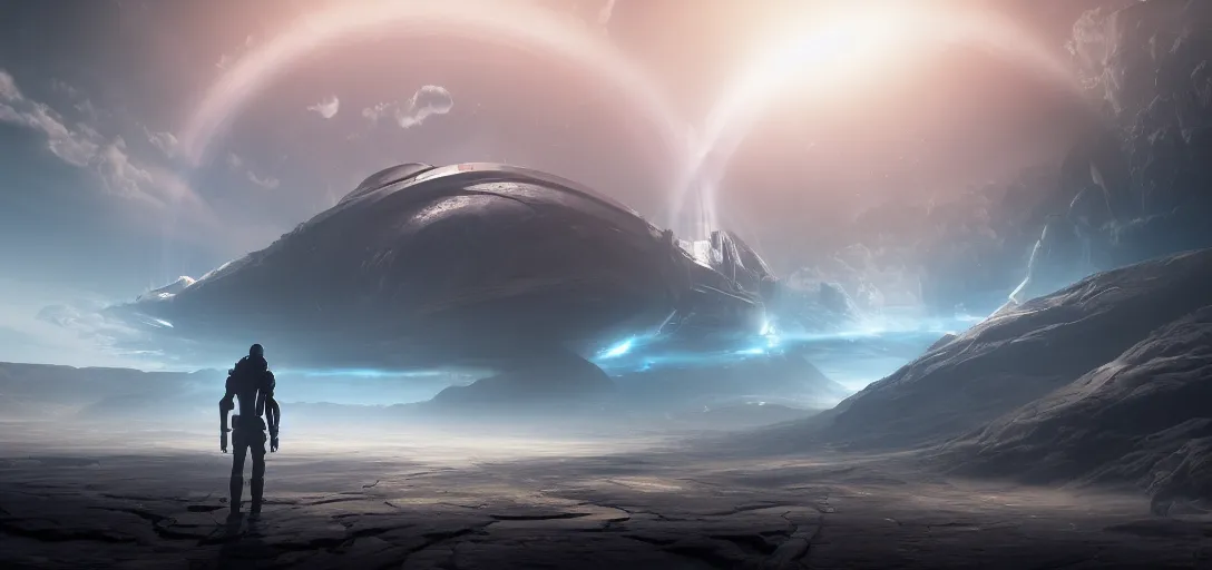 Image similar to dramatic view of empty alien wasteland, giant circular glowing portal, mysterious glowing fog,, glowing nacreous clouds,, unreal engine, dramatic lighting, detailed, ambient occlusion, global illumination, god rays, 3 d artstation render by greg rutowski and jessica rossier