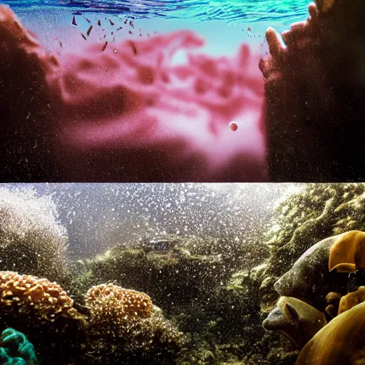 Image similar to professional underwater beach photo similar to level of donkey kong country, by discovery magazine, micro sand waves, real life, photorealistic, soft focus, long exposure