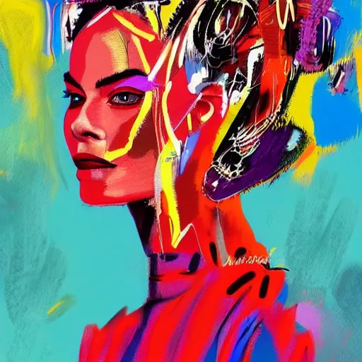 Prompt: a sketch, ultra detailed, fashion, magic, universe, beautiful woman, similar to margot robbie, crazy hairstyle, beatiful colors, surreal city, in style of jean - michel basquiat, trending on artstation