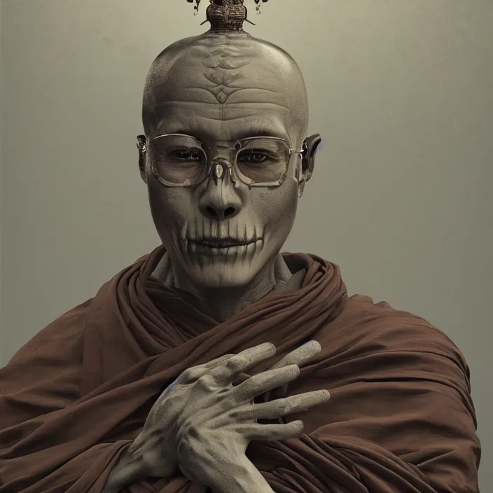 Image similar to portrait of Buddhist Monk as skeleton. intricate abstract. intricate artwork. by Tooth Wu, wlop, beeple, dan mumford. octane render, trending on artstation, greg rutkowski very coherent symmetrical artwork. cinematic, hyper realism, high detail, octane render, 8k, chrome accents