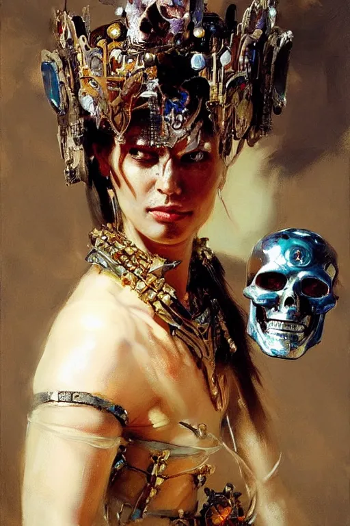 Prompt: beautiful expressive oil painting portrait of ancient cyborg god queen with a jeweled skull mask ascending wearing a neo japan crown, art by anders zorn, wonderful masterpiece by greg rutkowski, beautiful cinematic light, american romanticism by greg manchess, jessica rossier