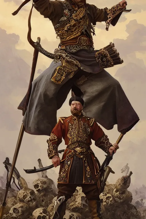 Image similar to an accurate image of a Ukrainian muscular cossack standing on a pile of skulls as a winner, masculine figure, D&D, fantasy, intricate, elegant, highly detailed, extremely detailed, digital painting, artstation, concept art, matte, sharp focus, symmetrical, illustration, art by Artgerm and Greg Rutkowski and Alphonse Mucha