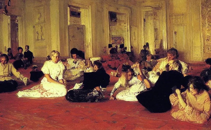 Image similar to high quality high detail painting by ilya repin, people sitting on the floor around the room, hd