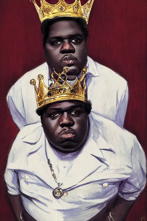 Prompt: portrait of biggie smalls with kings crown and royal outfit, royal background, piles of money, modern, eclectic, illustration, by ramon casas
