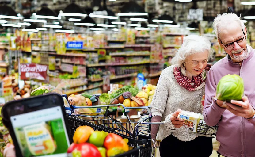 Prompt: close - up photo of old norwegian couple in a grocery shop, scanning groceries with their smartphones, holding up their smartphones, displaying qr codes, shopping carts full of groceries, long line of people in background, advertisement photo by david lachapelle