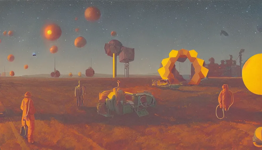 Prompt: hexagon floating in space in front of the sun, simon stalenhag