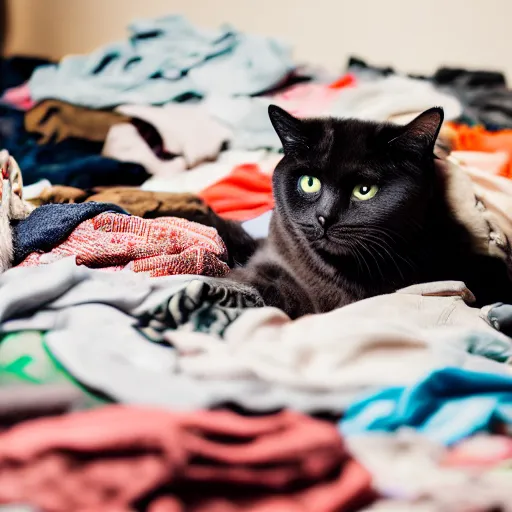 Image similar to a cat in a room full of clothes on the floor, detailed photo, Canon 5D, 50mm lens
