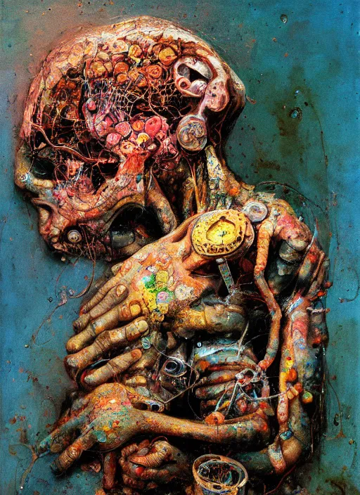Prompt: cyborg sleeps in a pile of piones, blurred, grotesque, doomed, acrylic paint, high resolution, gouache on canvas, ultra detailed, vibrant colors, grotesque, wrapped thermal background, art by francis bacon, beksinski painting