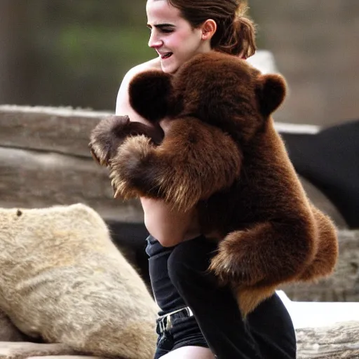 Image similar to emma watson putting a bear in a sleeper hold