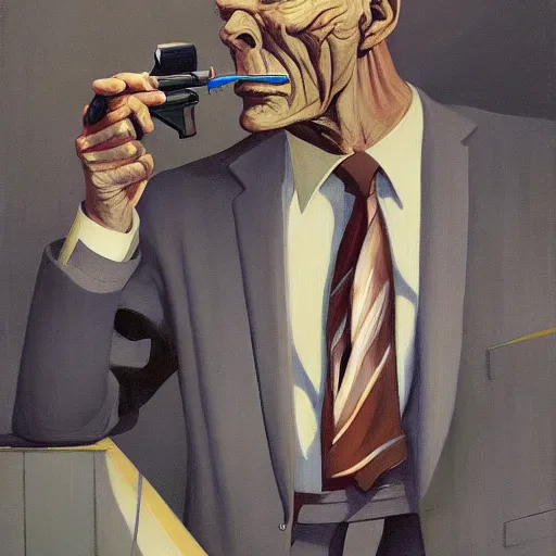 Prompt: Portrait of mr. detective wearing a business suit , very coherent, painted by Edward Hopper, Wayne Barlowe, painted by James Gilleard, airbrush, art by JamesJean