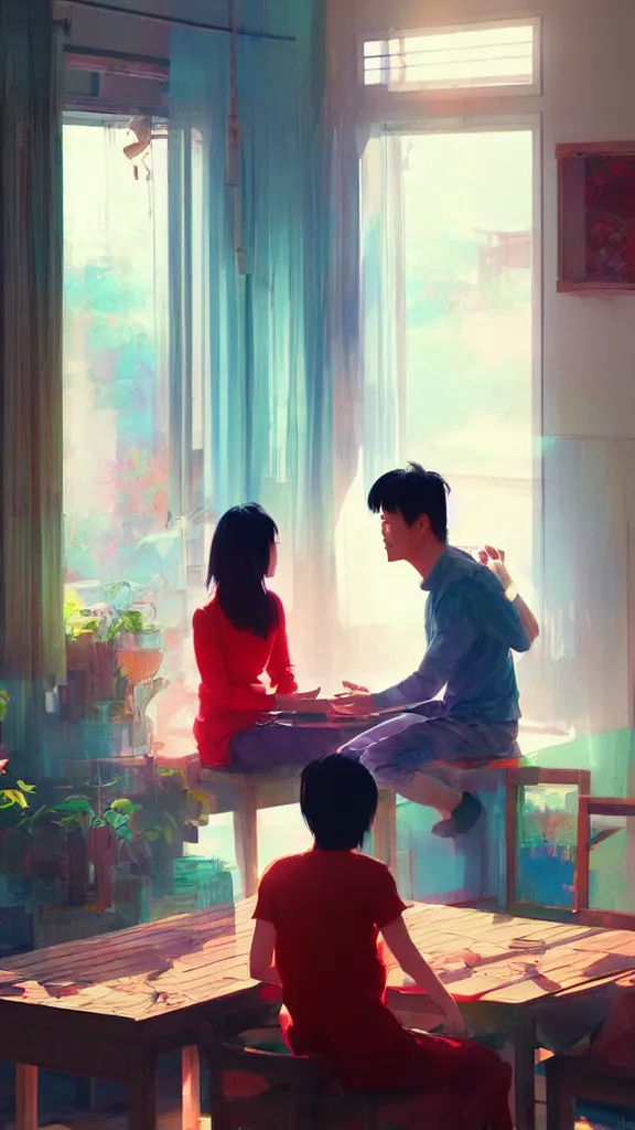 Image similar to wide full shot of asian couple looking at each other, sitting in rural living room, group of table fans placing around the room, day light, colorful mood, digital illustration by kyuyong eom and ruan jia, artstation behance pinterest