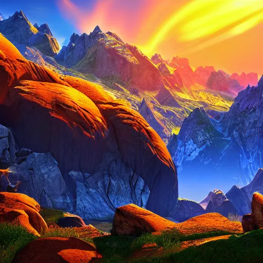 Prompt: fantastic landscape with mountains high resolution beautiful lighting vivid colors unreal engine, 4 k wallpaper