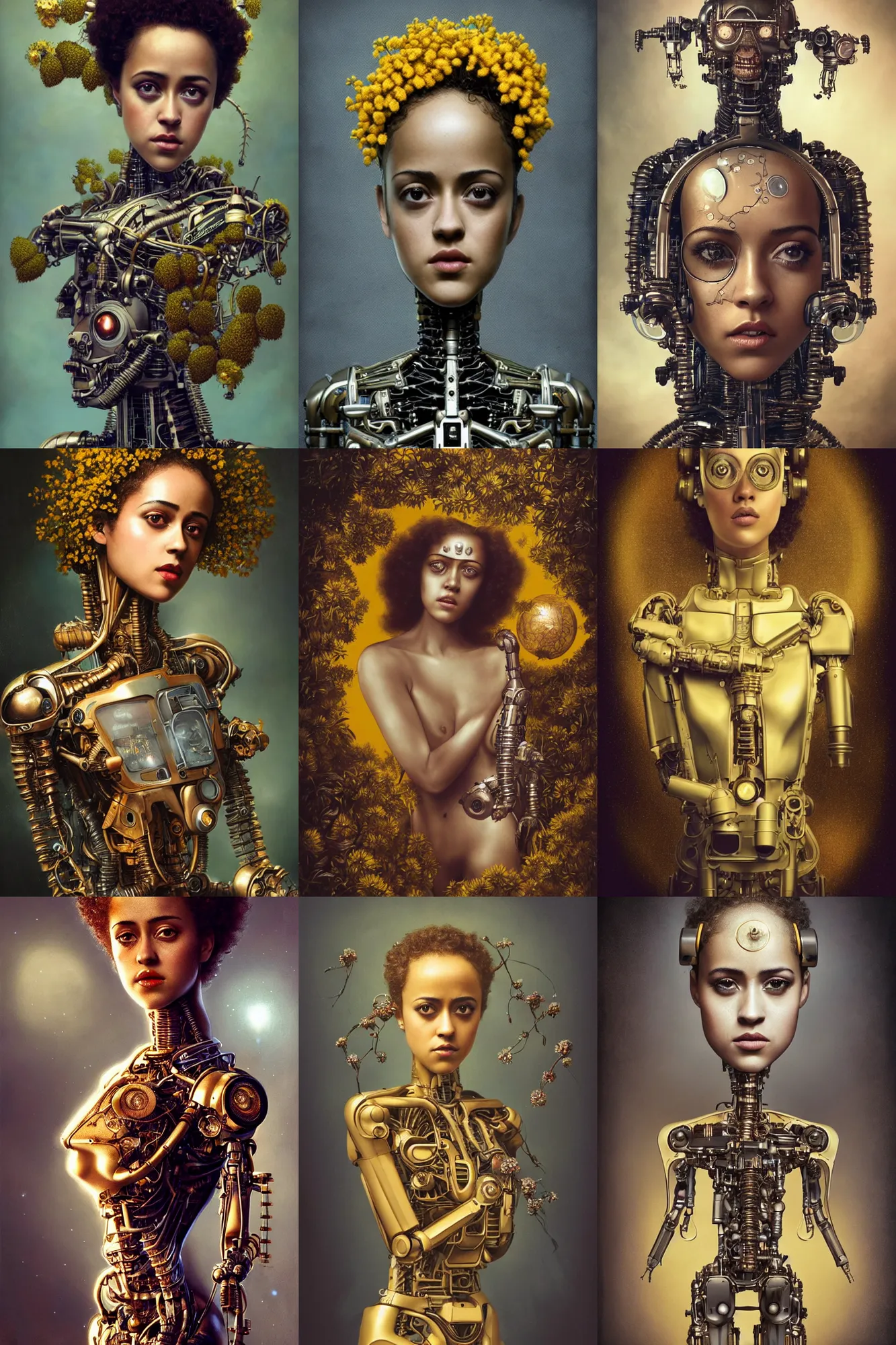 Prompt: a beautiful ultradetailed vintage photo of nathalie emmanuel as a cybernetic cyborg, by tom bagshaw and natalie shau, portrait, vignette, 3 5 mm lens, golden ratio composition, detailed faces, studio photography, very detailed, robot overgrown with yellow hibiscus and tulips, artstation, 8 k, highly coherent