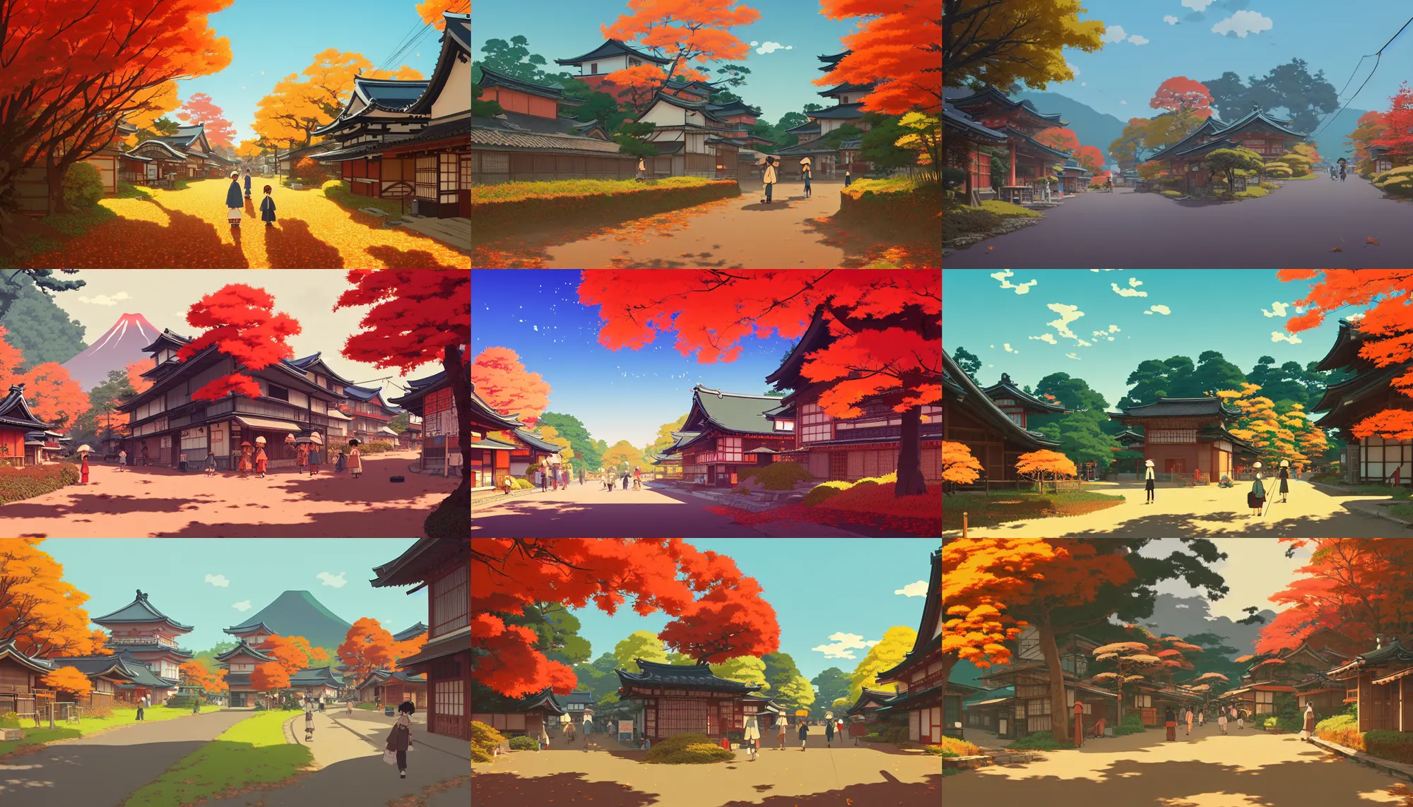 Prompt: japanese rural town, autumn, artstation, elegant, highly detailed, digital painting, concept art, smooth, sharp focus, illustration, art by studio ghibli, fujita goro, atey ghailan, tom whalen, jean giraud 8 k