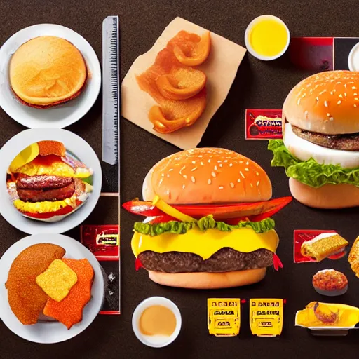 Image similar to knolling of a cheeseburger, photo