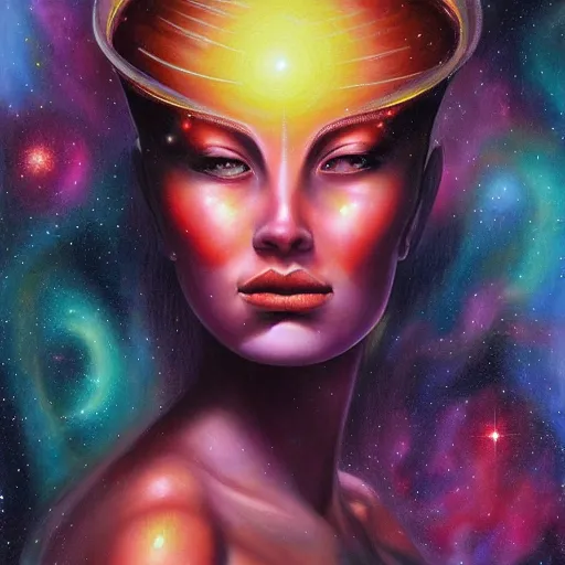 Image similar to A beautiful painting of a female cosmic being with a nebula as its body by Jim Burns, 8K, ultra-detailed , Trending on artstation.