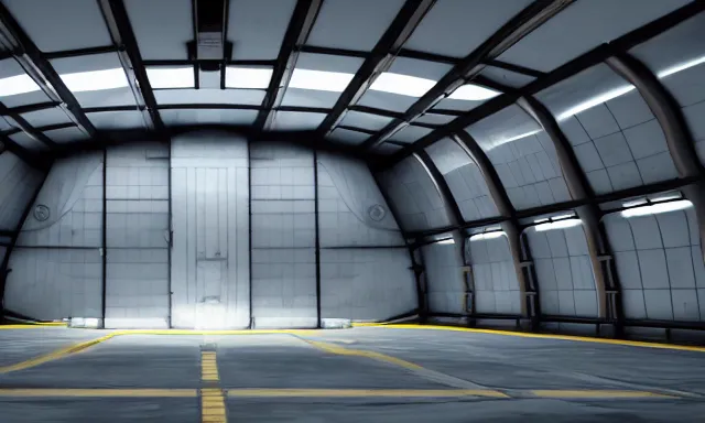 Image similar to octane render, high quality, unreal engine 5, spaceship in hangar