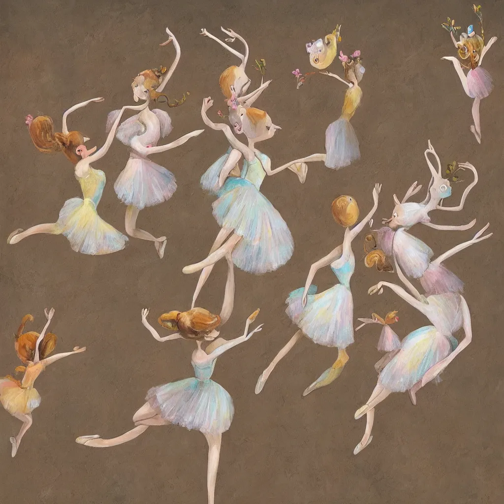 Image similar to ballerina bunnies dancing gracefully on a stage, surrealistic, detailed