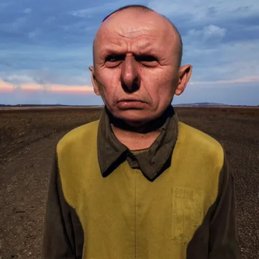 Prompt: a ukrainian with a simultaneously sad and creepy facial expression against the background of a nuclear explosion without legs and arms, selfie 2 0 2 2