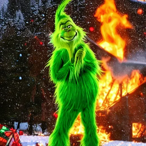 Prompt: the grinch manically laughing while an 80 ft Christmas tree burns in the background