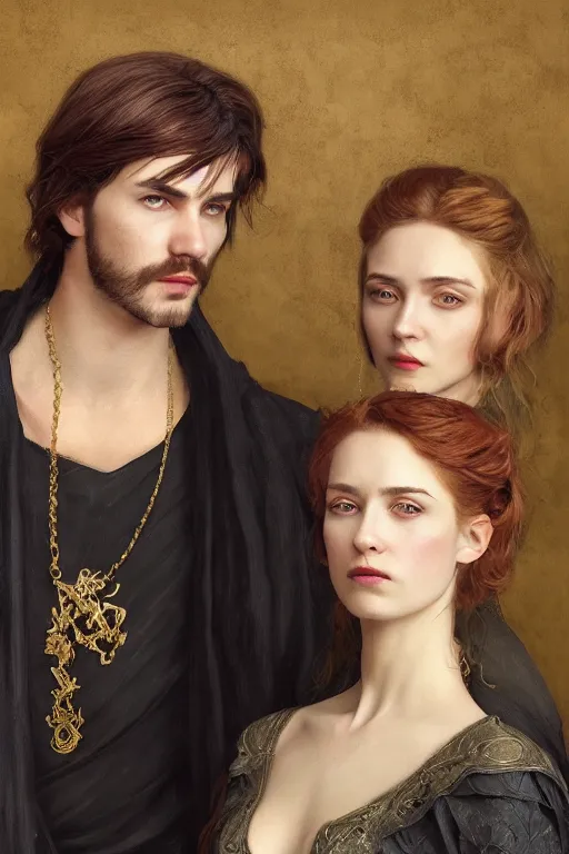 Image similar to a portrait of handsome young male nordic Satan and his elegant beautiful nordic cultist wife, bored, illustration, dramatic lighting, soft details, painting oil on canvas, art nouveau, octane render, HDR, 4k, 8k, HD, by Edmund Blair Leighton, Brom, Charlie Bowater, trending on artstation, faces by Tom Bagshaw, Sargent