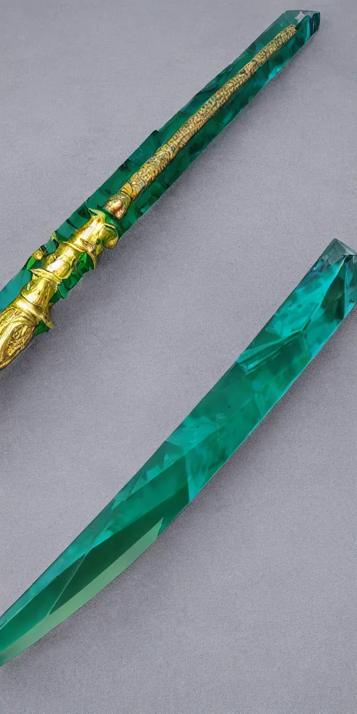 Image similar to photograph of a wide green and teal crystal sword with a big gold sword hilt