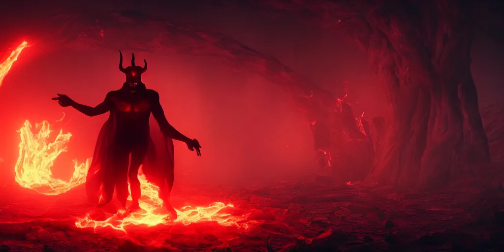 Prompt: a hyperrealistic demon in his lair with dark red eyes and fiery horns emitting black aura all around him in a dystopian landscape in 4k