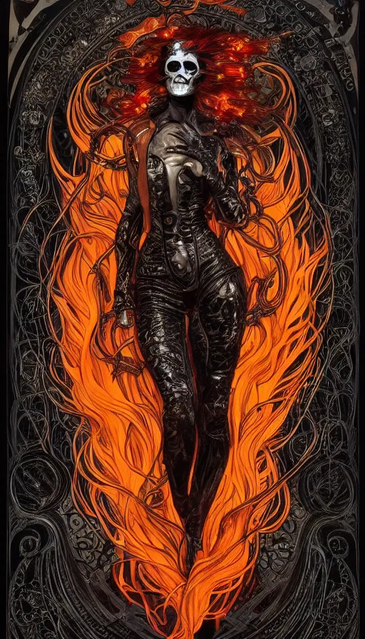 Image similar to full body portrait of a finely detailed beautiful!!! feminine cyberpunk ghost rider with skull face and long flowing hair made of fire and flames, dressed in black leather, by Alphonse Mucha, designed by H.R. Giger, legendary masterpiece, stunning!, saturated colors, black background, viewed from medium distance away so the full body is visible, trending on ArtStation