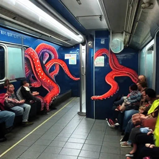 Image similar to of a giant octopus invading a interior of a subway train in new york,