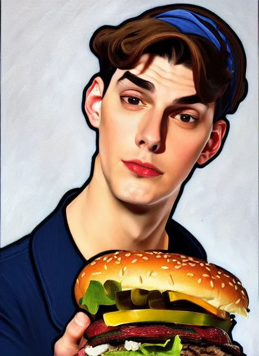 Prompt: oil painting, jughead jones has a really long nose, he wears a light grey crown, and devours a hamburger, intricate, elegant, highly detailed, lighting, painting, artstation, smooth, illustration, art by greg rutowski and alphonse mucha