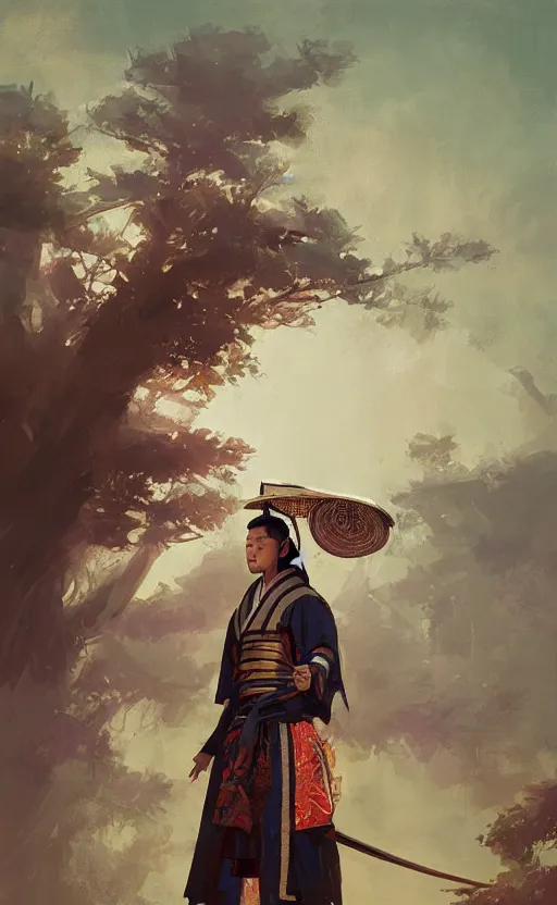 Prompt: portrait of a samurai man wearing multicolored robes, large straw hat, fantasy, highly detailed, cinematic lighting, digital art painting by greg rutkowski