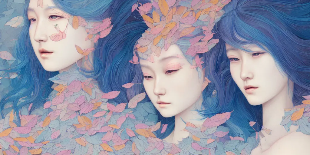 Prompt: breathtaking detailed concept art painting pattern with pastel colors of blue hair faces goddesses amalgamation autumn leaves, by hsiao - ron cheng and james jean, bizarre compositions, exquisite detail, 8 k