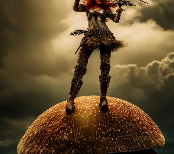 Image similar to a photo of an armored woman warrior redhead with antlers sitting on a giant mushroom that covers a whole village and reaches above the clouds by luis royo. intricate. lifelike. soft light. sony a 7 r iv 5 5 mm. cinematic post - processing