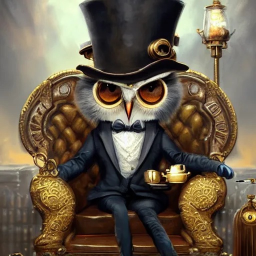 Prompt: oil painting of grumpy rich steampunk owl, sitting in fancy chair, wearing top hat, holding gold coin, steampunk factory background, machines in background, sharp focus, fantasy style, octane render, volumetric lighting, 8k high definition, by greg rutkowski, highly detailed, trending on art Station, magic the gathering artwork, centered, deviantart,