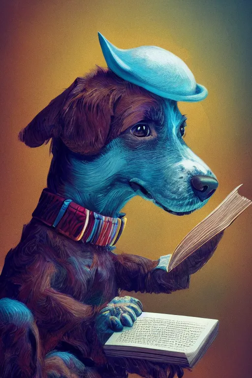 Image similar to well-dressed humanoid dog reading a book, vivid colors, high details, cinematic, 8k resolution, beautiful detailed, photorealistic, digital painting, artstation, concept art, smooth, sharp focus, illustration, fantasy background, artstation trending, octane render, unreal engine