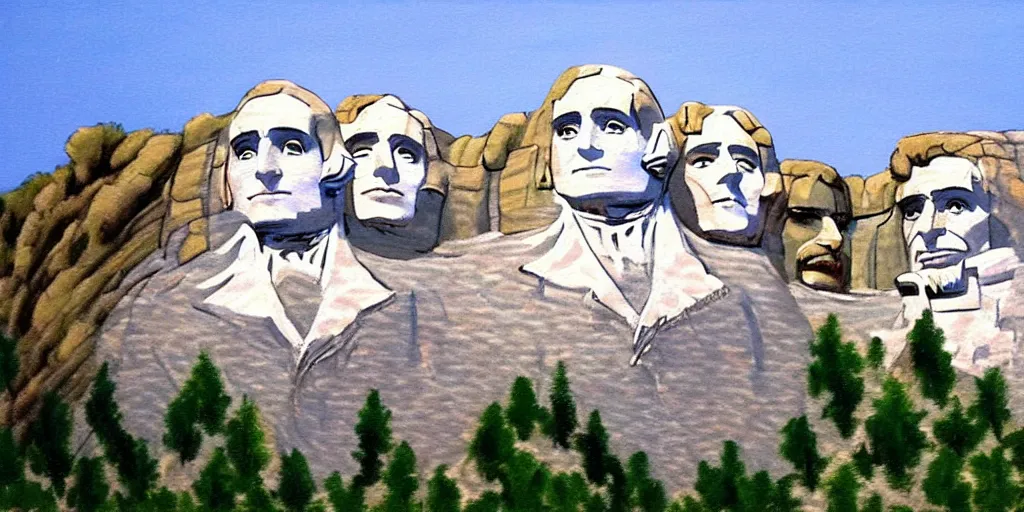 Image similar to a painting of mount rushmore by bob ross