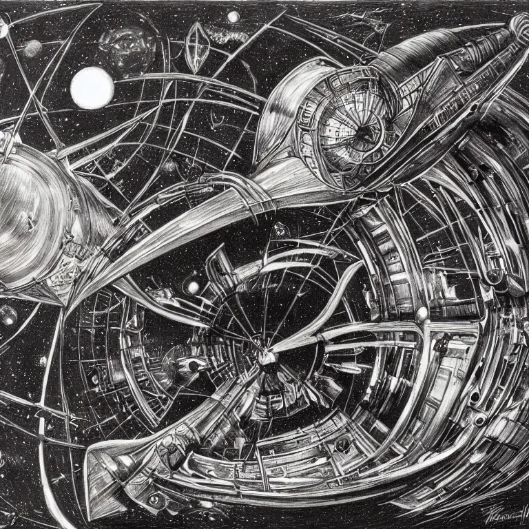 Image similar to atompunk space ship sailing the infinite cosmos, grand scale, raygun gothic style, astrophysics, mathematical drawing, painting by h. r. giger