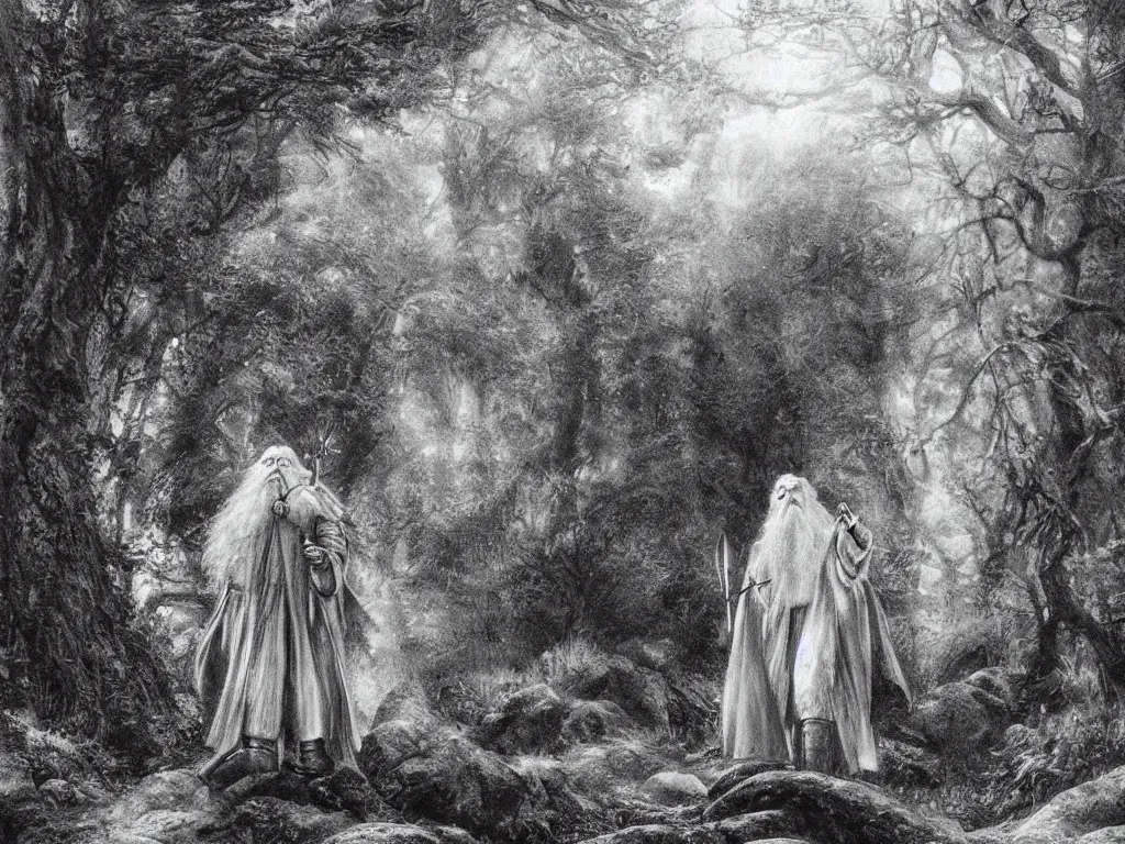 Prompt: Gandalf the Grey travelling in the forest, neo-romanticism