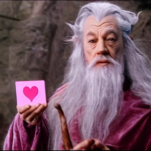 Image similar to portrait of gandalf, wearing a large pink velvet hair bow, holding a blank playing card up to the camera, movie still from the lord of the rings