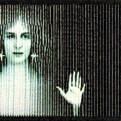 Image similar to vhs static overlay of marian apparition, vhs, 1 9 9 0, highly realistic, highly detailed, vhs noise static, black and white, vhs glitch