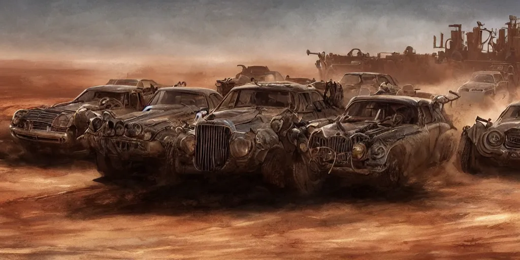 Image similar to an environmental concept art from mad max fury road, cars speeding through the desert, highly detailed, cinematic, dramatic lighting by francis tneh