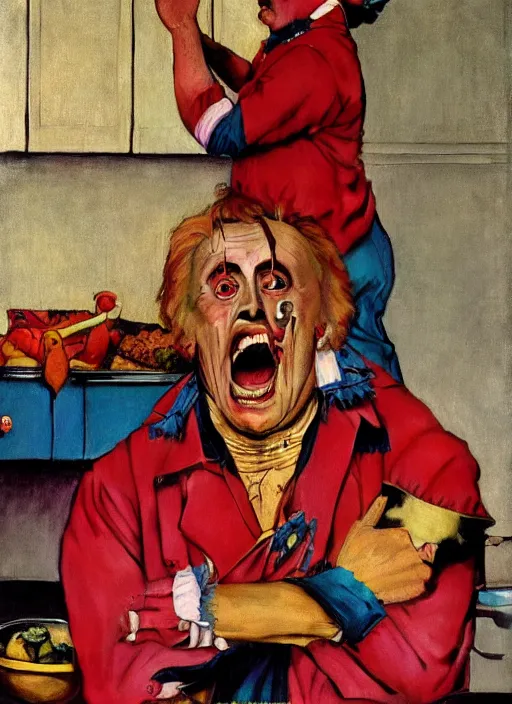 Prompt: dennis hopper screaming about the candy coloured clown in a kitchen, painted by norman rockwell and tom lovell and frank schoonover, pink and blue