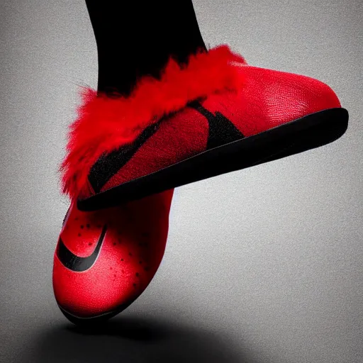 Image similar to nike model shoe made of very fluffy red and black faux fur placed on reflective surface, spiderman colors professional advertising, overhead lighting, heavy detail, realistic by nate vanhook, mark miner