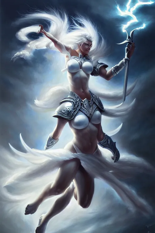 Image similar to oil painting, white, sakimi chan, jumping, fantasy armor, detailed face, tony sart, wind, lightning, dramatic lighting