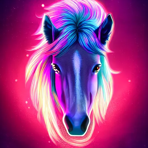 Prompt: digital equine, retrowave palette, highly detailed, anatomically correct equine, synth feel, smooth face, ear floof, flowing mane, no reins, super realism, accurate animal imagery, 4 k digital art