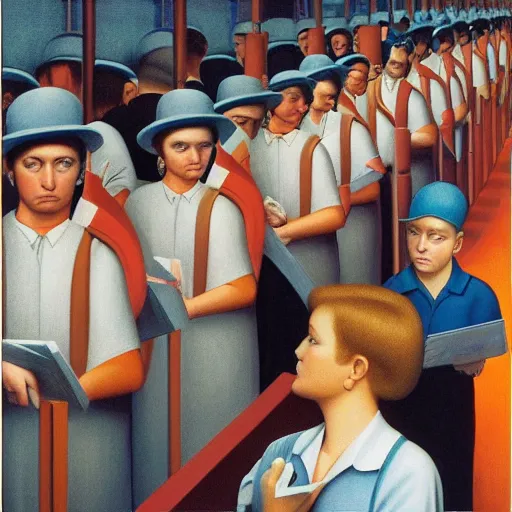 Image similar to people standing in line at the post office, by george tooker