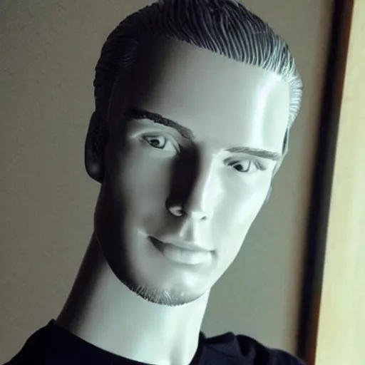 Image similar to “a realistic detailed photo of a guy who is an attractive humanoid who is half robot and half humanoid, who is a male android, David Beckham, shiny skin, posing like a statue, blank stare”