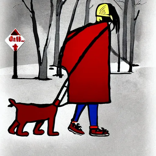 Image similar to girl carrying a large garbage bag while following clifford the big red dog, illustration,