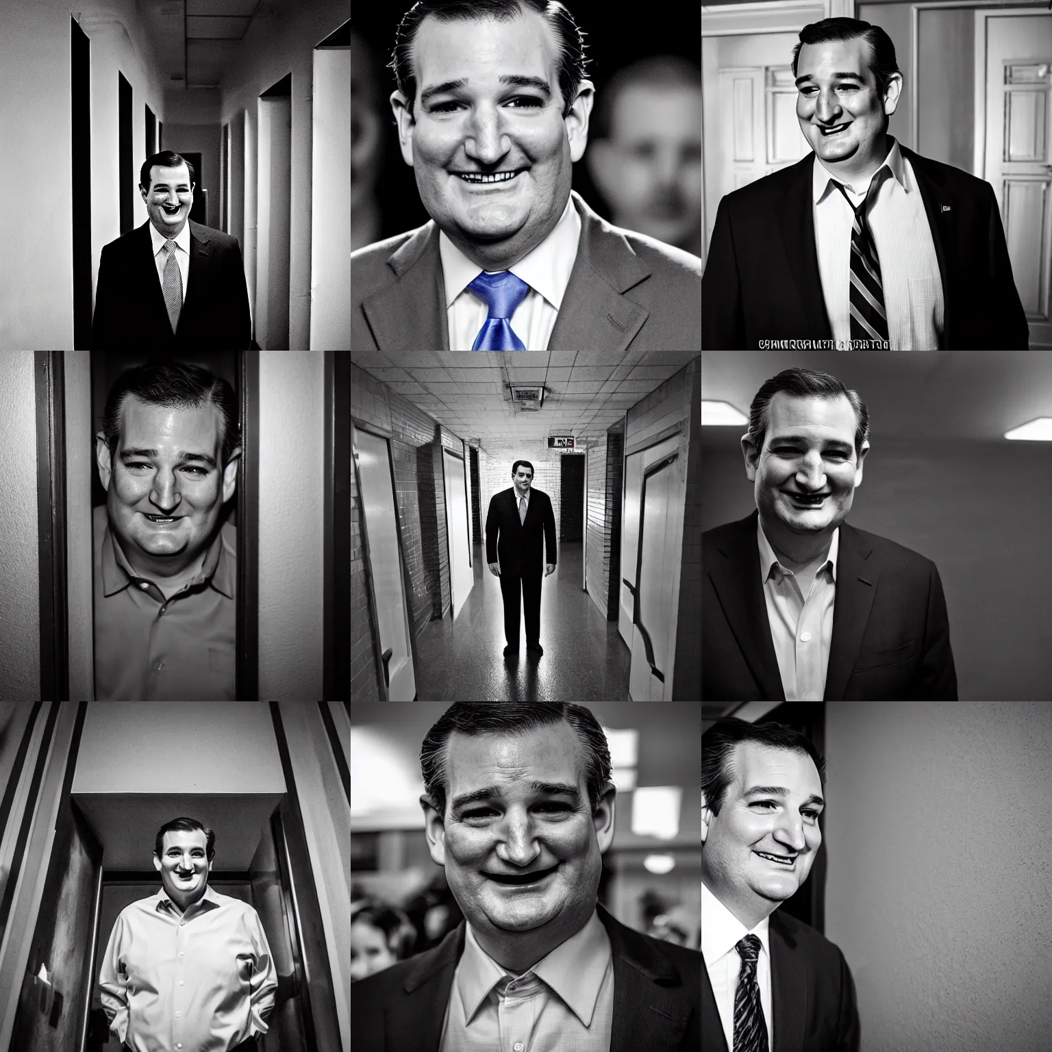 Prompt: Ted Cruz with a wide grin standing in a long narrow corridor, black and white, creepy lighting, highly detailed, scary, horror, eerie, fear